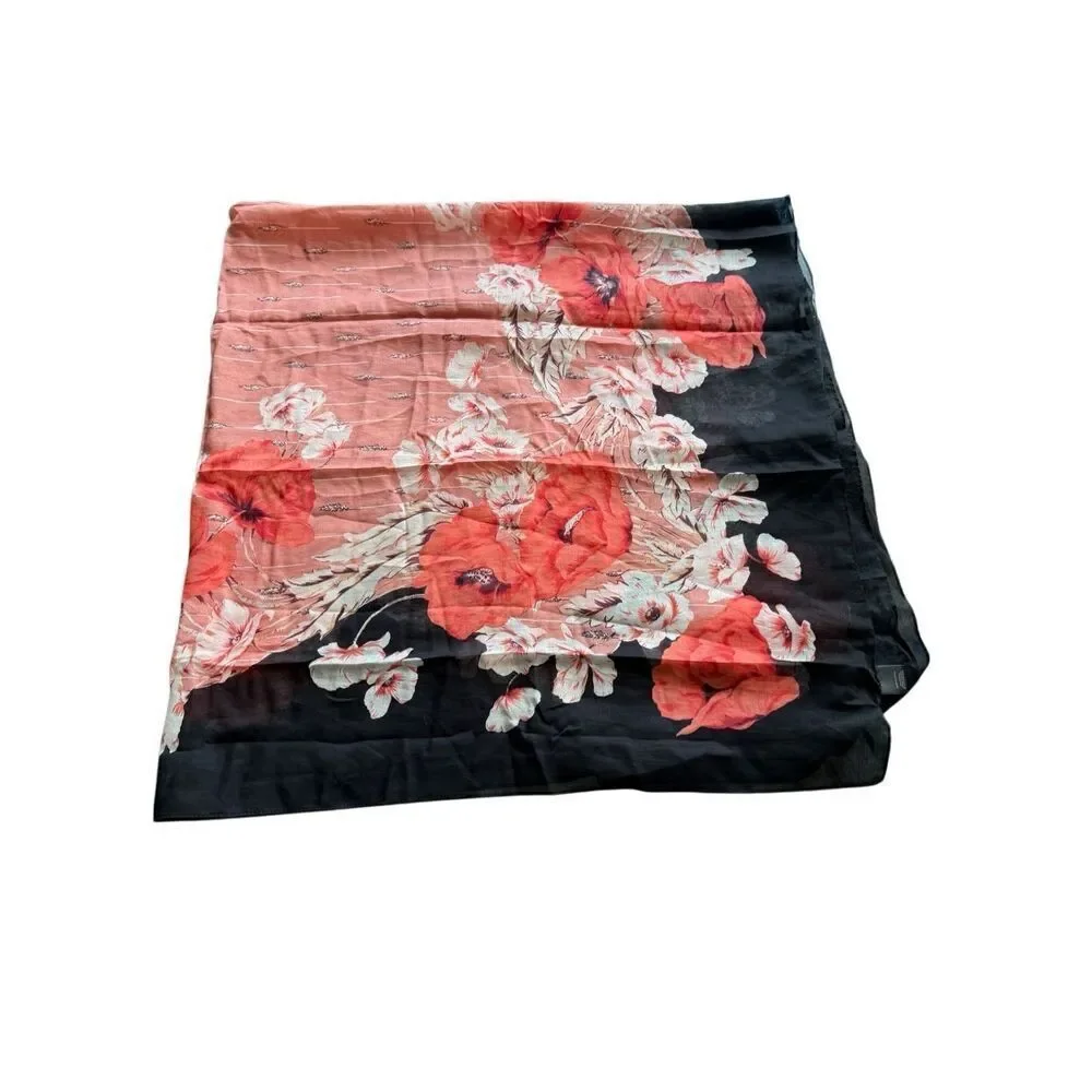 NWT Ann Taylor Womens Black Red Floral Silk Blend Sheer Lightweight Scarf